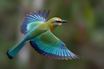 A vibrant tropical bird soars through a lush, verdant environment, captured in a naturalistic scene with clear focus and a serene mood.