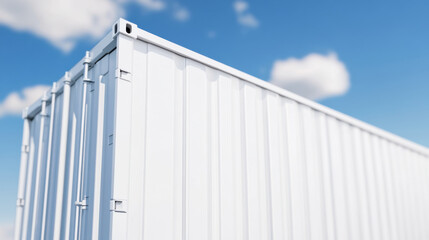 Obraz premium White shipping container against blue sky with clouds, showcasing industrial design