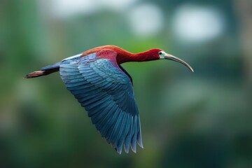 A vibrant scarlet macaw soars through a sun-dappled forest, its wings catching the light in a stunning display of tropical beauty.