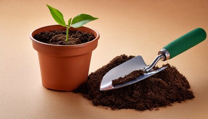 young plant with trowel and empty pot on brown paper background