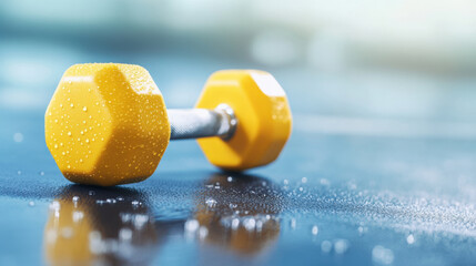 Yellow dumbbell resting on yoga mat with sweat drops, post training