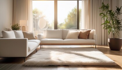 cozy modern living room with white fluffy rug neutral sofa and sunlight through windows rug mockup