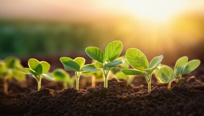 growing plants and sprouts of soybean seedlings on rich soil with morning sunlight symbolizing healthy food production