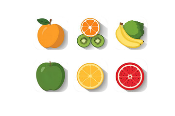 Flat vector collection of healthy food and fruit icons isolated on white background suitable for recipe visuals grocery templates wellness designs digital cooking guides and educational diet plans
