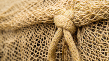 close up of tightly knotted cargo net made of coarse rope, showcasing its texture