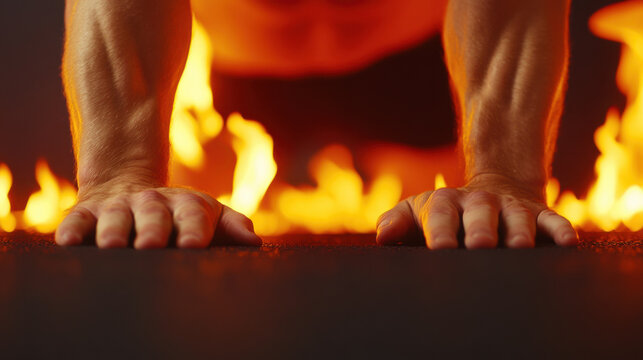 Hands holding plank position on mat with fiery background, showcasing strength and intensity