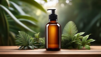 amber glass bottle on wooden surface surrounded by indoor plants cosmetic bottle mockup