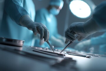 A surgeon's gloved hand reaches for surgical tools amidst a sterile environment, showcasing precision and focus during a medical procedure.