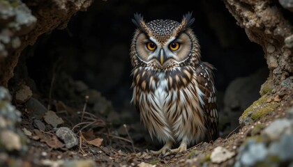 Intense Gaze of a Mottled Owl in Rocky Burrow