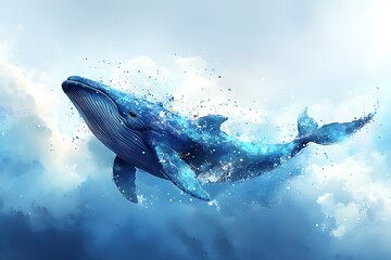 Fototapeta premium Whimsical whale silhouette painted with grunge ink and water splashes, floating in sky, clouds as backdrop, soft blue tones, dreamlike vector art