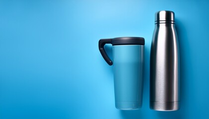 stylish reusable stainless steel travel mug on blue background for eco friendly lifestyle