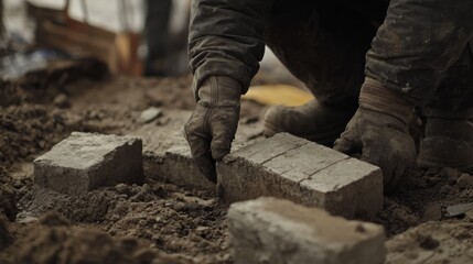 Mason working on laying the foundation stones for a building. Featuring craftsmanship and strength