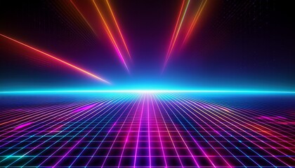 Obraz premium futuristic neon glowing grid perspective background