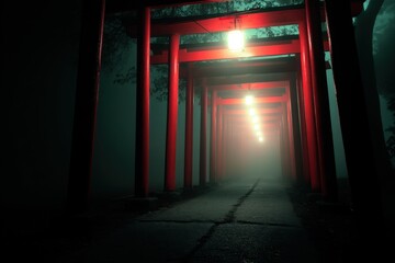 Red torii gates frame a misty pathway leading to a serene Shinto shrine, evoking a sense of tranquility and mystery.