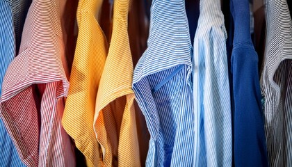 closeup view of striped shirts hanging in a row diverse patterns and colors fashion textile detail
