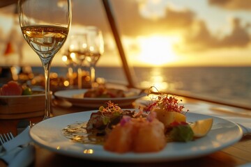 Fine dining at sunset over ocean