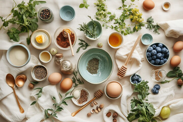 Rustic Kitchen Table with Fresh Eggs and Colorful Spices