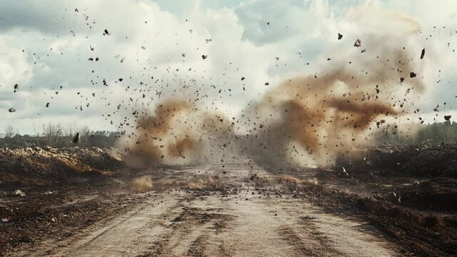 Rural road dust and stones fly in different directions