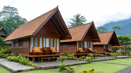 Row of Rustic Wooden Bungalows with Red Tiled Roofs Surrounded by Lush Greenery on a Cloudy Day