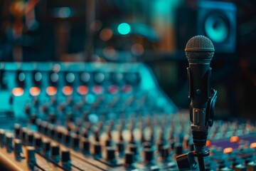 Recording an interview on camera in a television studio with a blurred background, demonstrating media technologies