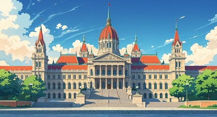 Fototapeta premium A national parliament building with towering spires and grand staircases anime cartoon style illustration artwork design background