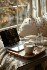 Open laptop on White Bed with Milk Tea and Morning sun Light