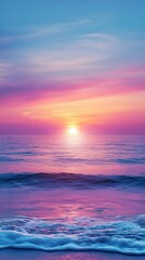Vibrant sunset over calm ocean waters creates a serene atmosphere at the beach during twilight hours