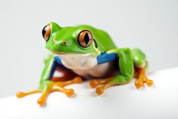 Obraz premium Green tree frog perched on white, vibrant skin, tree frog, bright