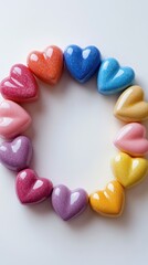 Colorful heart-shaped decorations arranged in a circular pattern on a white background for festive occasions