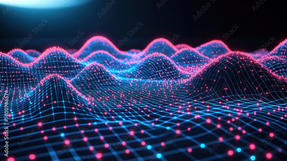 Poster a vibrant, digital landscape of interconnected points and lines creating undulating patterns.