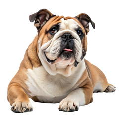 Cute brown and white English bulldog puppy, a purebred canine pet, sitting isolated