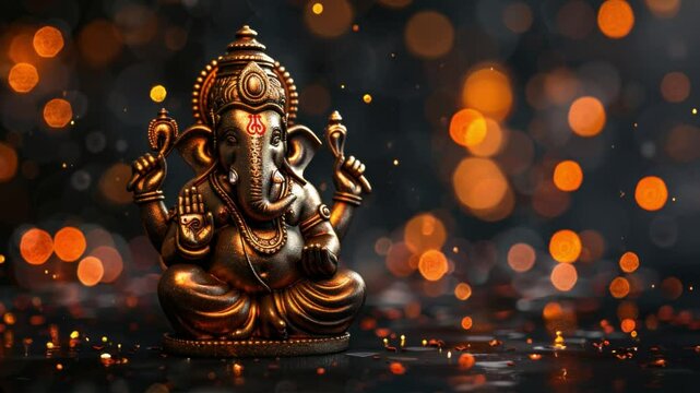 Bronze statue of Lord Ganesha illuminated by golden lights surrounded by festive sparkles.