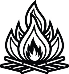 vector illustration of a fire icon set, fire line art silhouette icon, vector fire icon, outline art, laurel wreath on fire, on white background.