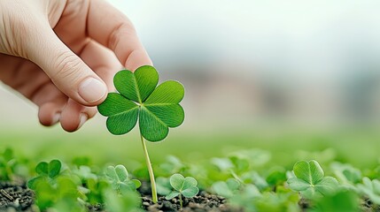 A delicate hand gently picks a rare four-leaf clover from a field of three-leaf clovers, symbolizing the essence of luck and fortune in nature