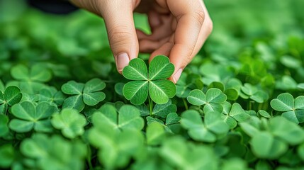 A delicate hand gently picks a vibrant four-leaf clover from a lush field filled with traditional three-leaf clovers du a sunny day in nature
