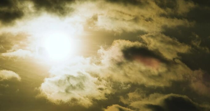 Timelapse close-up of the sun brighly shining and illuminating edges of transforming and moving contrasting clouds
