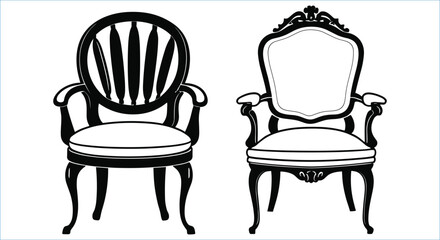 Fototapeta premium Black silhouettes of vintage armchairs vector. Traditional wooden chairs silhouettes vector