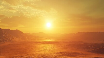 Fototapeta premium Golden Hour Desert Sunset: A Breathtaking Panorama of Mountains and Sun