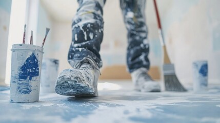 Painter preparing to paint a wall in a newly renovated room. Featuring preparation and meticulous work