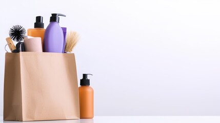 Brown paper shopping bag overflowing with personal care products including lotions shampoos and brushes arranged artfully alongside additional bottles.