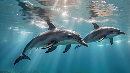 Naklejka premium Two dolphins swimming in clear blue ocean water with sunlight streaming through the surface