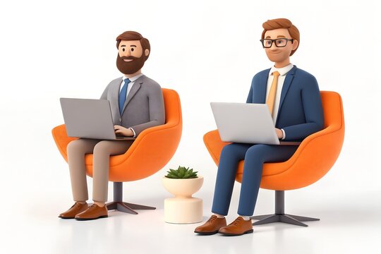 Two Cartoon Businessmen Working On Laptops In Orange Chairs On White Background Digital Art Office Characters, cartoon, businessmen, laptop, working, orange chair, white background, digital art