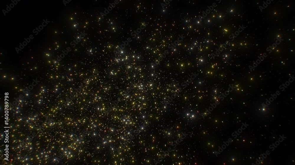 Wall mural gold particles firecracker explosion from left side slow motion black background. abstract golden co