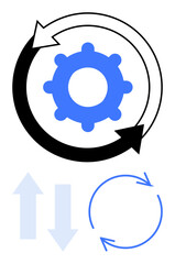 Gear inside circular arrows symbolizing continuous improvement. Blue and black elements imply system optimization. Ideal for process, workflow, automation, efficiency, development, strategy, flat