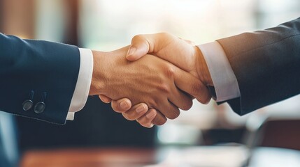 Two professionals sealing a deal with a handshake in an executive suite.
