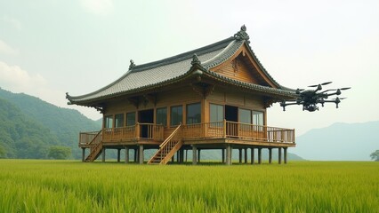 Zen inspired drone on rice paddies