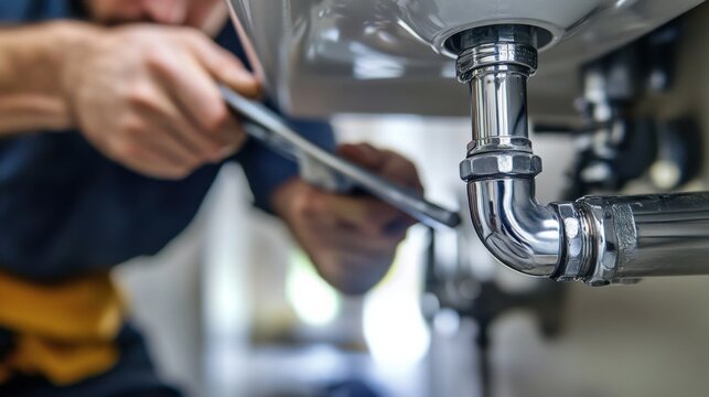 Plumber fixing a broken pipe under a bathroom sink. Featuring focus and problem-solving