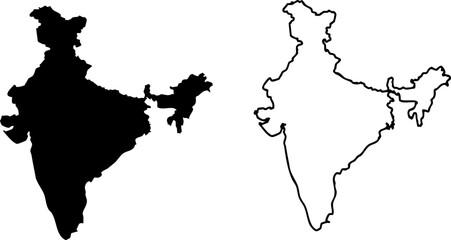 India Map Outline: A black silhouette and outline of the country India against a white background, offering a graphic representation suitable for diverse applications.