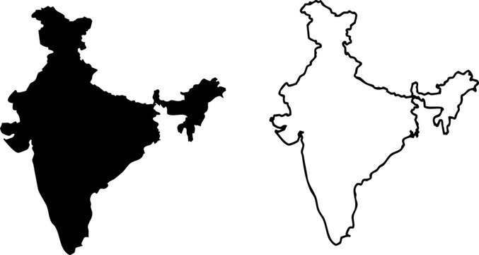 India Map Outline: A black silhouette and outline of the country India against a white background, offering a graphic representation suitable for diverse applications.