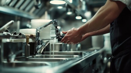 Plumber fixing a faucet in a commercial kitchen. Featuring expertise and precision